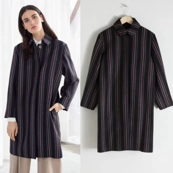 & Other Stories Coat Jacket Blanket Stripe Wool Blend Navy Blue Maroon Size US 2 - Picture 1 of 11